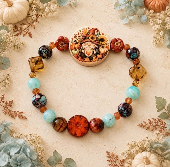 Gnome in the Golden Garden Bracelet | Autumn Gnome Jewelry | Amazonite Jade & Jasper Bracelet | Orange Tigers Eye | Fall Gift