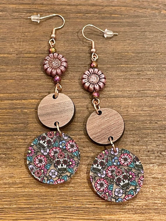 Gemstone Earrings - Titanium Rainbow Hematite Crystal Healing, Sugar Skull Jewelry