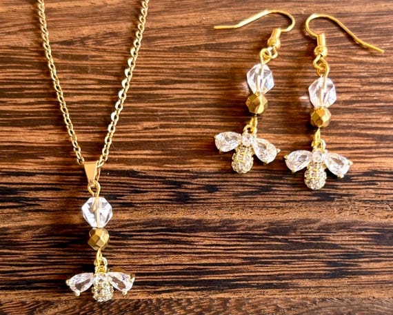 Gemstone Earrings / Pendant Necklace  - Clear Quartz / Hematite Crystal Healing, Honeylight