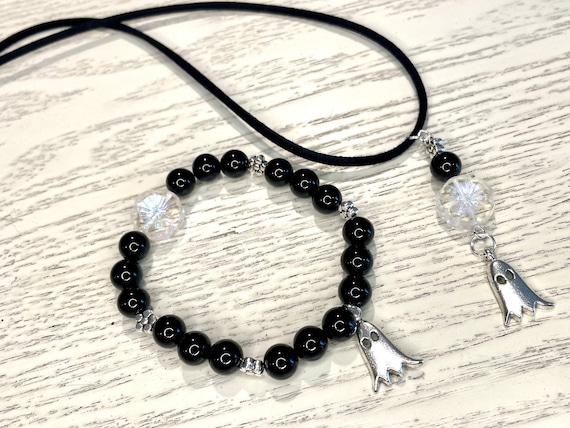 Gemstone Bracelet / Pendant Necklace - Agate Crystal Healing, Halloween Jewelry, Ghost