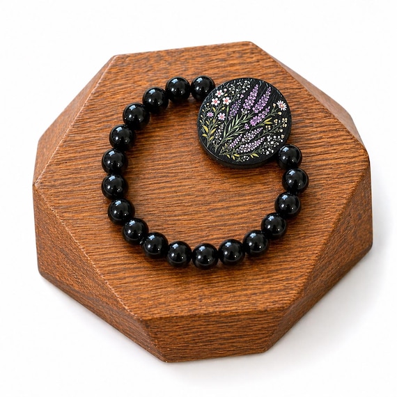 Wildflower Rising Enchanted Bracelet | Handmade Artisan Wood Bead | Onyx Gemstone Bracelet | Resilience Jewelry | Spiritual Gift | Stretch