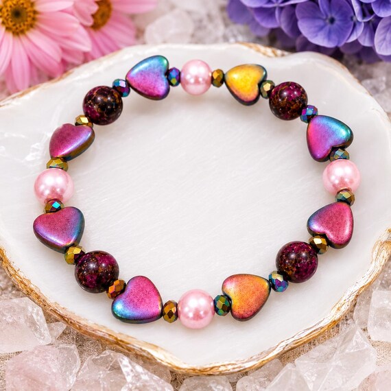 Violet Aura Heart Bracelet | Rainbow Hematite, Purple Mosaic Quartz