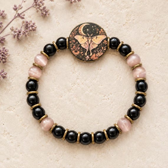 Luna Midnight Beauty Bracelet, Black Onyx & English Violet Cat’s Eye, Celestial Moth Jewelry, Artisan Wood Focal Bead, Mystical Gift