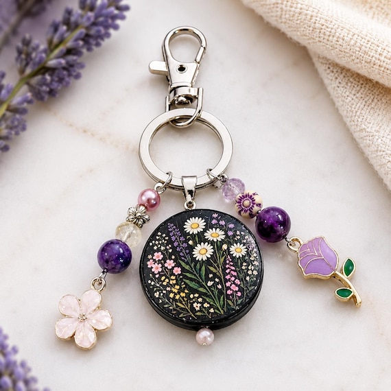 Wildflower Rising Purse Charm Keychain – Amethyst & Purple Jade Charm, Wildflower Keychain, Floral Bag Charm, Boho Accessories, Gift for Her
