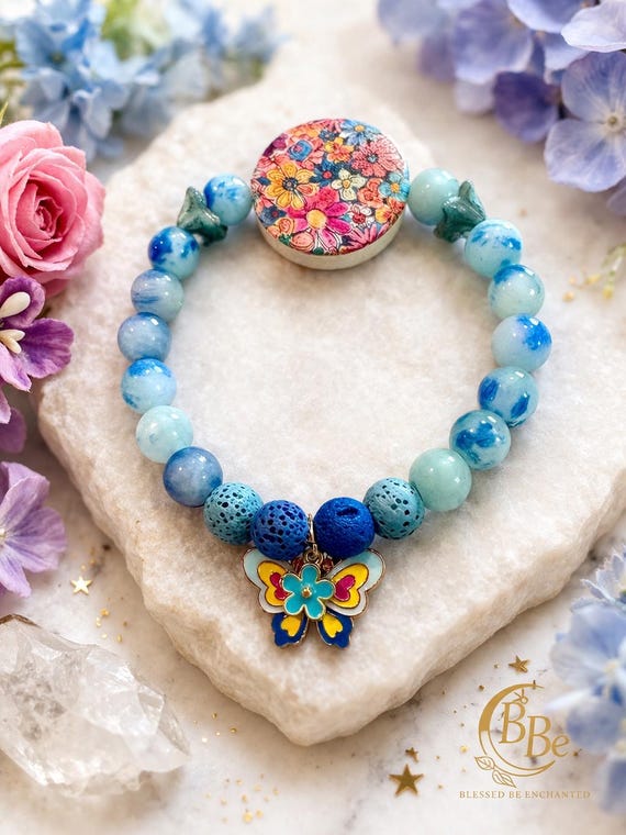 Azure Bloom Butterfly Bracelet • Blue Jade Lava Stone Diffuser Jewelry