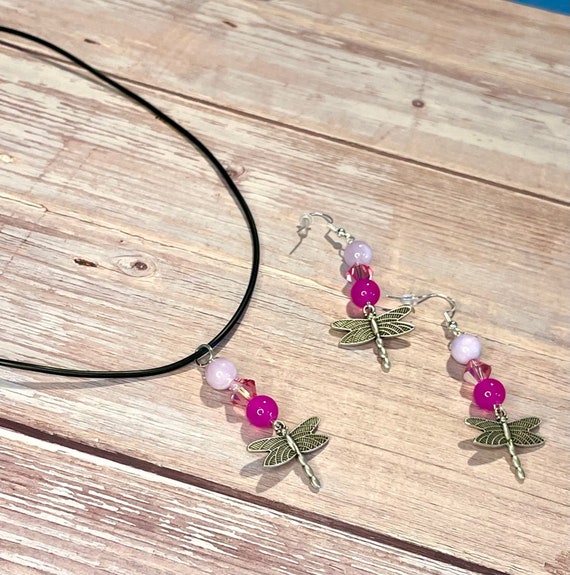 Gemstone Necklace / Earrings - Jade Crystal Healing, Dragonfly Jewelry