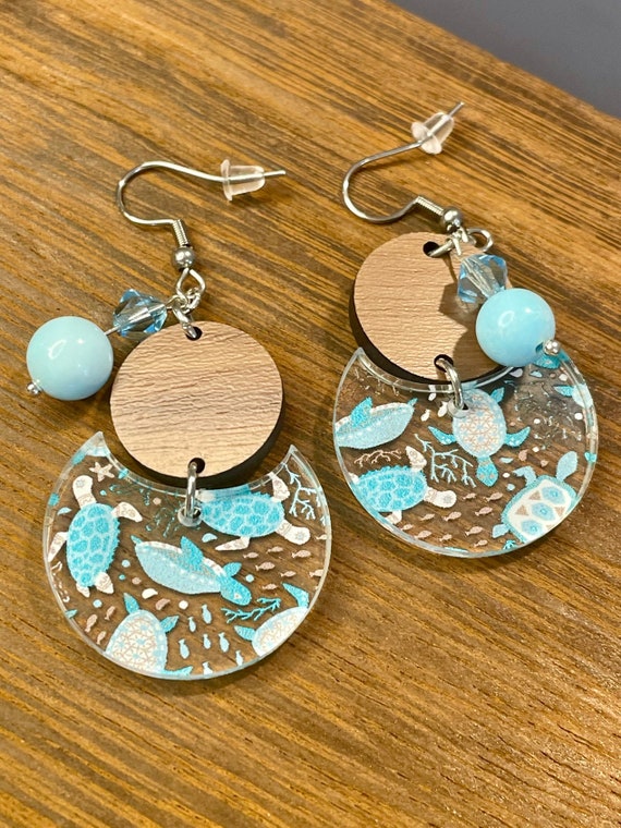 Gemstone Earrings - Blue Howlite Crystal Healing, Sea Turtle