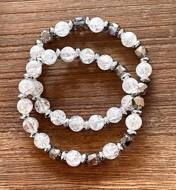 Gemstone Bracelet - Clear Crackle Quartz / Hematite Crystal Healing, Snow Sparkle