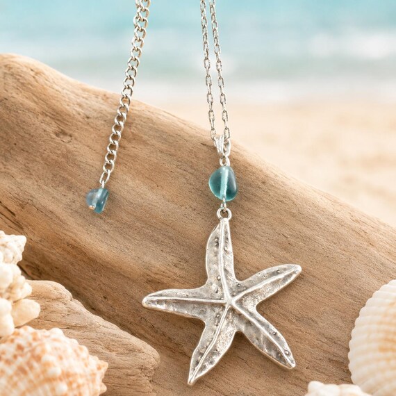 Seastar Serenity Fluorite Necklace | Silver Starfish Pendant | Coastal Gemstone Jewelry | Beach Lover Gift | Surgical Stainless Steel