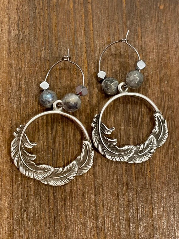 Gemstone Hoop Earrings - Hematite / Labradorite Crystal Healing, Silver Angel Feathers