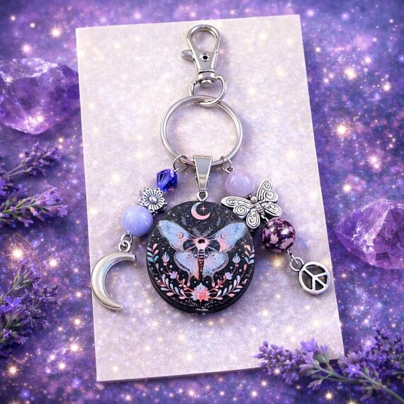 Moonlit Peace Moth Keychain – Blue Agate, Crystal, Crescent Moon Charm