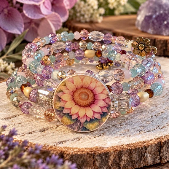 Summer Bloom Enchantment Wrap Bracelet - Floral Memory Wire Bracelet, Crystal Wrap Bracelet, Cottagecore Jewelry, Handmade Garden Inspired