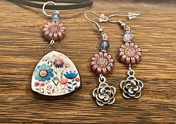 Gemstone Necklace / Earrings - Aqua Aura Crystal Healing, Whimsical Flower Jewelry