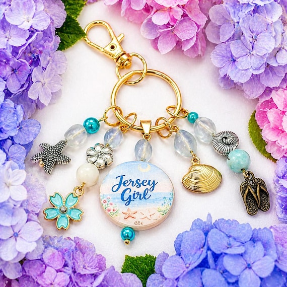Jersey Girl Coastal Bloom Enchanted Charm | Jersey Shore Keychain | Fluorite & Terra Agate Gemstone Charm | Beach Lover Gift | Purse Charm