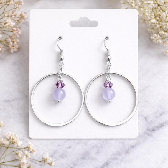 Jade & Swarovski Crystal Hoop Earrings • Silver Tone, Lavender Serenity