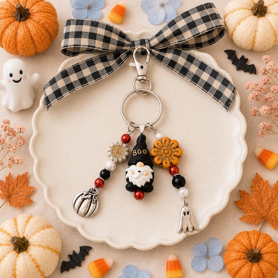 Booberry Gnome Parade Purse Charm, Halloween Bag Charm, Onyx Gemstone, Silver Pumpkin Ghost Charm, Spooky Gnome Keychain
