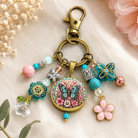 Butterfly Bloom Enchanted Gemstone Purse Charm Keychain • Hematite, Rhodochrosite, Turquoise Gemstones • Cottagecore Butterfly Accessory