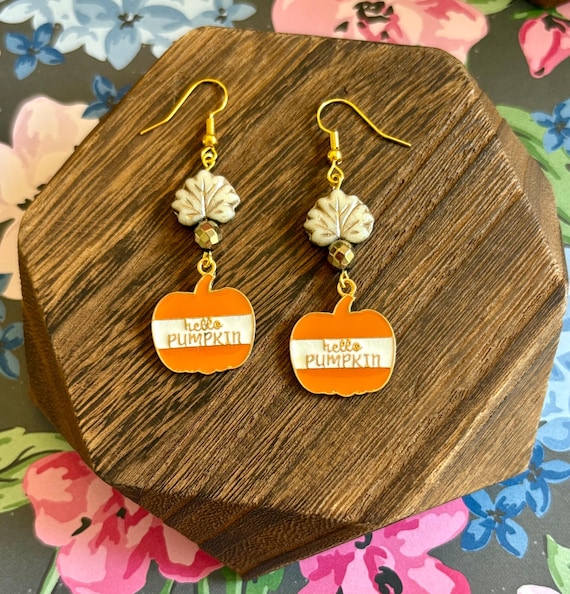 Hello Pumpkin Dangle Earrings: Czech Glass Leaves, Hematite & Enamel Charms