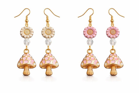 Sunlit Fairy Garden Earrings – Clear Quartz, Czech Glass Sunflowers, Gold Tone – Pink or Ivory – Whimsical Boho Magic