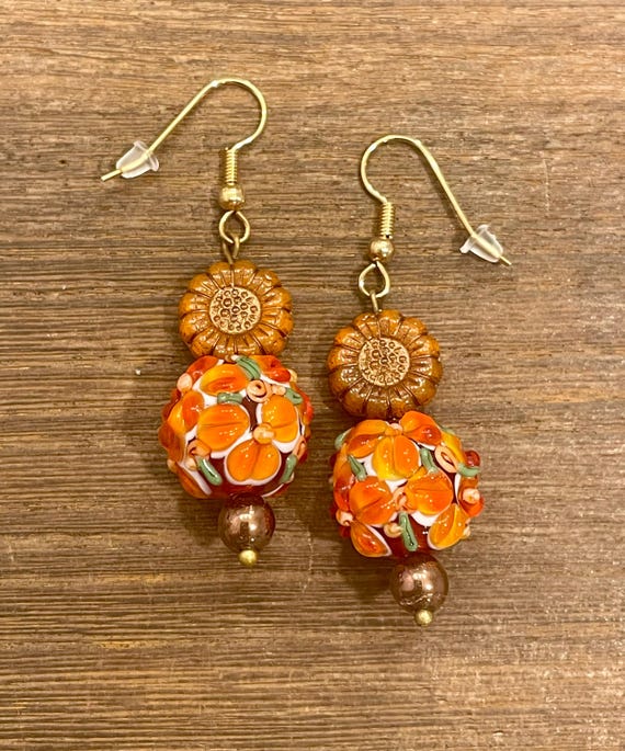 Gemstone Earrings - Hematite Crystal Healing, Autumn Floral