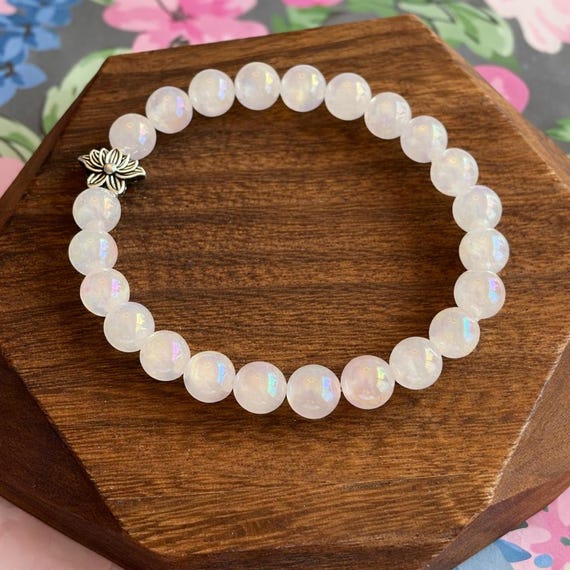 Mystic Rose Quartz Lotus Bracelet | Iridescent Rose Quartz | Silver Lotus Charm | Love & Healing Crystal Jewelry | Reiki Infused