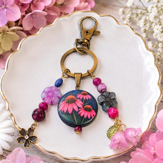Coneflower Cottage Bloom Purse Charm Keychain | Sugilite & Fuchsia Tiger’s Eye Gemstones | Handmade Floral Bag Charm | Artisan Gift