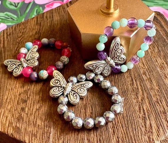 Butterfly Delight Trio – Gemstone Stretch Rings with Hematite, Amethyst,Amazonite, Jade, Sea Sediment | One Size Fits Most | Reiki-Infused
