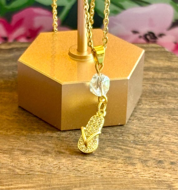 Seaside Sparkle Necklace – Cubic Zirconia Flip Flop Charm, Clear Quartz, 18K Gold Plated, 18” Stainless Steel Chain, Beach Jewelry