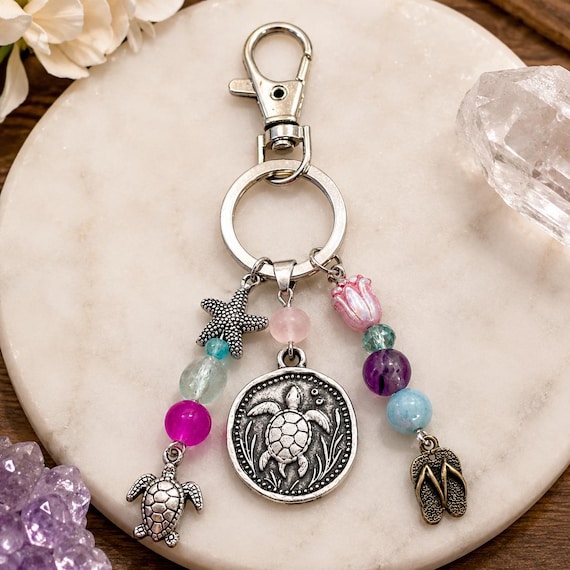 Sea Glass Turtle Dreams Purse Charm Keychain • Fluorite & Jade Gemstones • Coastal Beachy Turtle Bag Charm • Reiki Infused Ocean Inspired