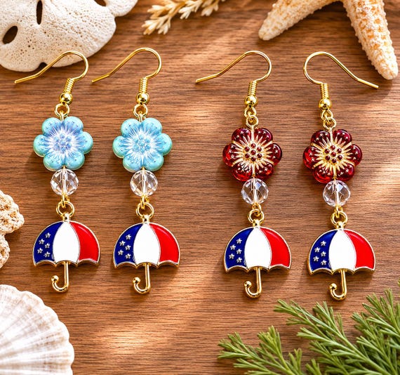 Enchanted Summer Shower Earrings Patriotic Umbrella Earrings • Czech Glass Flower Earrings • Clear Quartz Gemstone Jewelry • Beachy Boho