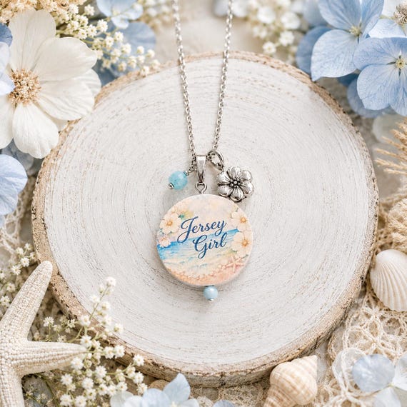 Jersey Girl Pendant Necklace - Handmade Double-Sided Coastal Necklace | Apatite Gemstone Jewelry | Jersey Shore Collection | Stainless Steel