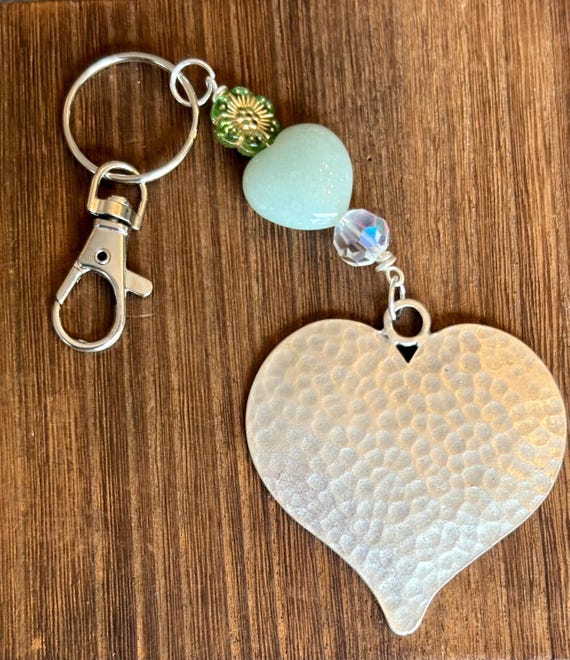 Crystal Healing Boho Clip on Hanging Charm / Keychain / Crystal Charm, Suncatcher, Green Aventurine Heart