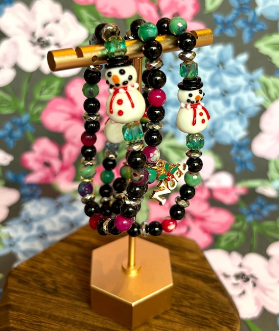 Snowman Lampwork Bead Bracelet: Jade, Hematite & Obsidian Holiday Jewelry