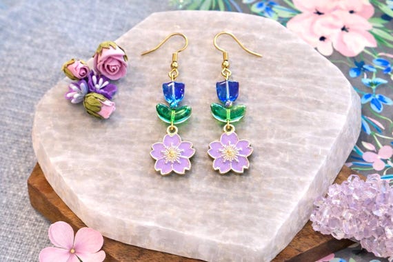 Enchanted Lavender Tulip Drop Earrings – Blue/Purple Glass Flowers, Rainbow Hematite, Gold Stainless Steel