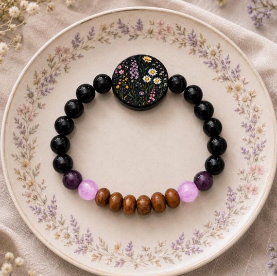 Midnight Meadow Keepsake Bracelet, Black Onyx Purple Jade Amethyst Petrified Wood, Artisan Wildflower Jewelry