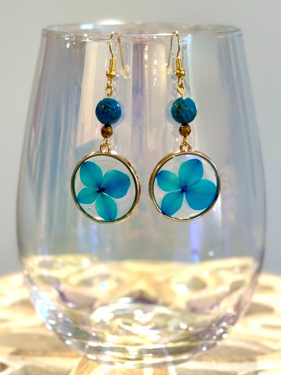 Gemstone Earrings - Blue Green Calsilica Jasper / Hematite Crystal Healing, Moonlit Hydrangeas