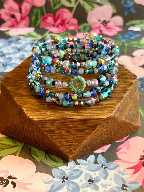 Enchanted Galaxy Aurora Wrap Bracelet – Teal Blue Purple Crystal Sunflower Star Wrap
