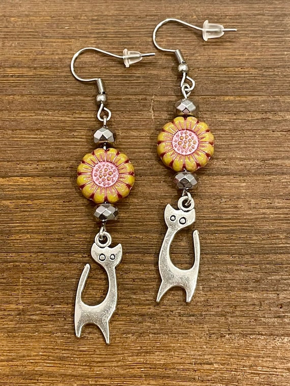 Gemstone Earrings - Silver Hematite Crystal Healing, Cat Lover, Sunflower Jewelry