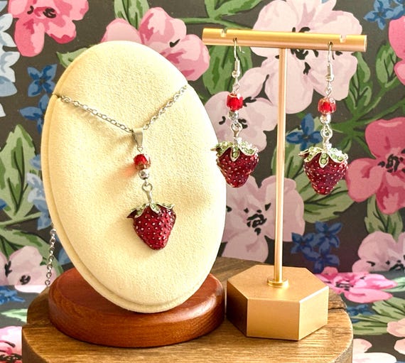 Strawberry Kisses Jewelry Set - Enamel Charms, Silver Hematite, Red Czech Glass, 18” Stainless Steel Necklace, Hypoallergenic Earrings