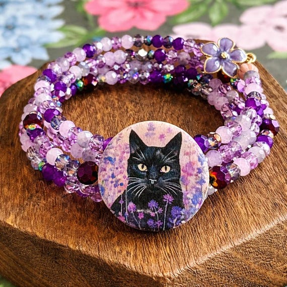 Lavender Familiar Bloom Bracelet – Black Cat Gemstone Coil Wrap – Purple Pink CrystalS, Rainbow Hematite