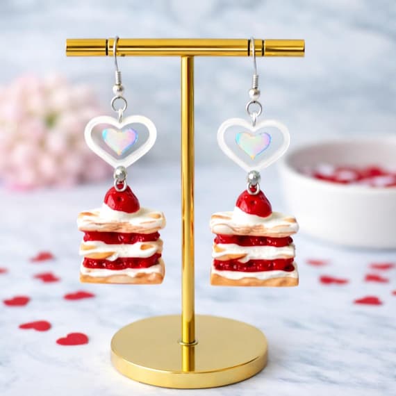 Strawberry Sweetheart Earrings – Silver Hematite, Czech Glass Hearts, Cake Charm, Hypoallergenic Steel