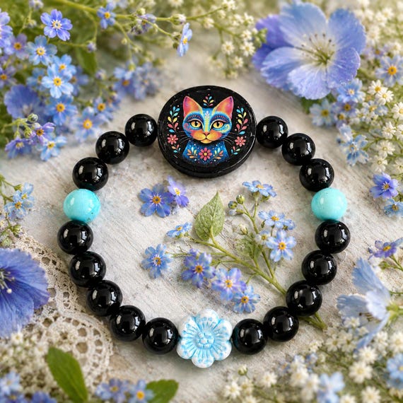 Miss Kaleidoscope Whiskers Gemstone Bracelet – Whimsical Cat Jewelry, Black Onyx and Turquoise Gemstones, Artisan Handmade