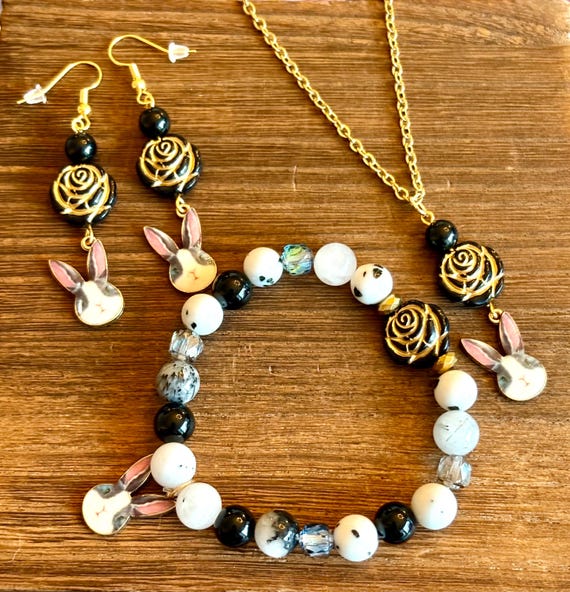 Gemstone Bracelet / Earrings/ Pendant Necklace - Hematite / Onyx / Spotted White Jasper / Zebra Jasper Crystal Healing, Easter Fancy