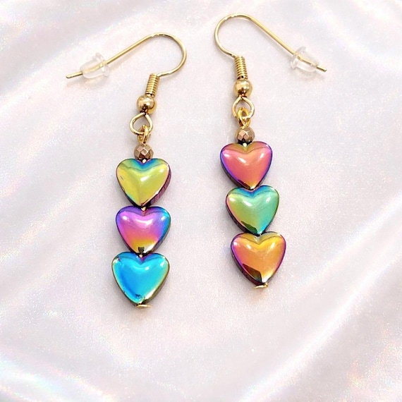 Rainbow Hematite Heart Dangle Earrings • Hypoallergenic Gold Tone Hooks