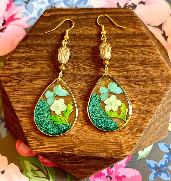 Butterfly Bloom Earrings: Czech Glass, Hematite, Pressed Flower Pendant