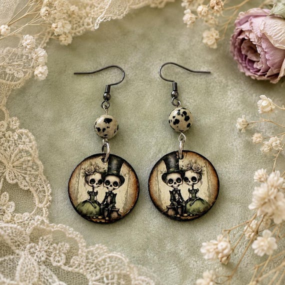 Till Death Do Us Bloom Earrings, Gothic Skeleton Couple Jewelry, Spotted White Jasper Halloween Wedding Earrings, Hypoallergenic Hooks