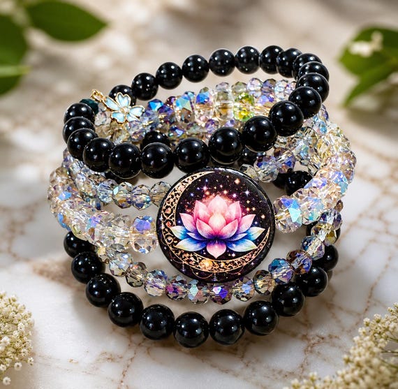 Moonlit Lotus Enchantment Coil Wrap Bracelet - Onyx Gemstone Bracelet, Celestial Lotus Jewelry, Crystal Wrap Bracelet, Handmade Artisan Gift