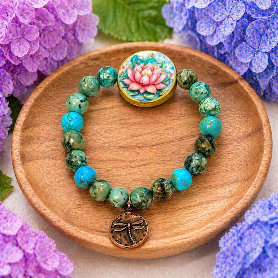 Lotus Rising Dragonfly Bracelet • African Turquoise & Turquoise Gemstones • Copper Dragonfly Charm • Handmade Lotus Wood Focal • Spiritual