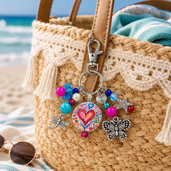 Beltane Enchanted Heart Charm Keychain, Reiki Infused Gemstone Purse Charm, Butterfly Dragonfly Keychain, Colorful Boho Gift for Her