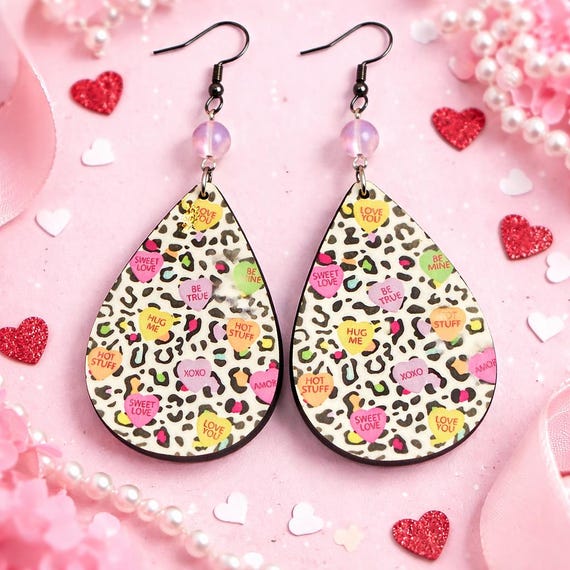 Candy Heart Leopard Print Earrings – Pink Aura Quartz, Valentine's Day